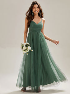 Color=Eucalyptus | Romantic Spaghetti Straps Tulle Bridesmaid Dresses with Lace Backless Crossover Halter Design-Eucalyptus