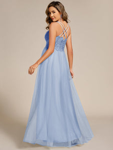 Color=Ice Blue | Romantic Spaghetti Straps Tulle Bridesmaid Dresses with Lace Backless Crossover Halter Design-Ice Blue 16