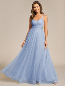 Color=Ice Blue | Romantic Spaghetti Straps Tulle Bridesmaid Dresses with Lace Backless Crossover Halter Design-Ice Blue 16