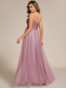 Color=Vintage Mauve | Romantic Spaghetti Straps Tulle Bridesmaid Dresses with Lace Backless Crossover Halter Design-Vintage Mauve