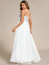 Load image into Gallery viewer, Color=white | Romantic Spaghetti Straps Tulle Bridesmaid Dresses with Lace Backless Crossover Halter Design-white
