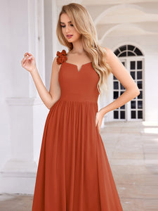 Color=Burnt Orange |  Elegant Flower Decoration Spaghetti Straps Chiffon Dresses A-Line Not-padded Brides Backless maids Dress-Burnt Orange 5