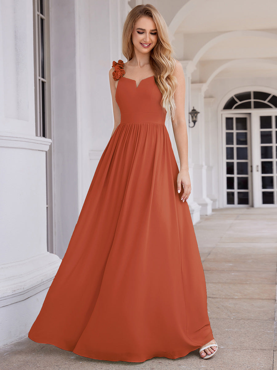 Color=Burnt Orange |  Elegant Flower Decoration Spaghetti Straps Chiffon Dresses A-Line Not-padded Brides Backless maids Dress-Burnt Orange 1