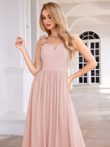 Color=Pink |  Elegant Flower Decoration Spaghetti Straps Chiffon Dresses A-Line Not-padded Brides Backless maids Dress-Pink 15