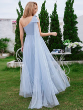 Load image into Gallery viewer, Color=Light Blue | Elegant Asymmetric Shoulder Streamer Pleated decoration Tulle Dresses with Bowknot-Light Blue 2