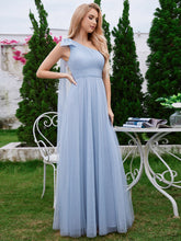 Load image into Gallery viewer, Color=Light Blue | Elegant Asymmetric Shoulder Streamer Pleated decoration Tulle Dresses with Bowknot-Light Blue 3