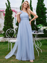 Load image into Gallery viewer, Color=Light Blue | Elegant Asymmetric Shoulder Streamer Pleated decoration Tulle Dresses with Bowknot-Light Blue 4