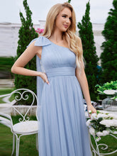 Load image into Gallery viewer, Color=Light Blue | Elegant Asymmetric Shoulder Streamer Pleated decoration Tulle Dresses with Bowknot-Light Blue 5