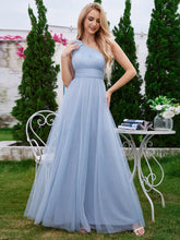 Load image into Gallery viewer, Color=Light Blue | Elegant Asymmetric Shoulder Streamer Pleated decoration Tulle Dresses with Bowknot-Light Blue 1