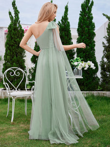 Color=Mint Green | Elegant Asymmetric Shoulder Streamer Pleated decoration Tulle Dresses with Bowknot-Mint Green 7