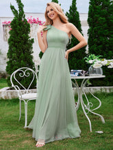 Load image into Gallery viewer, Color=Mint Green | Elegant Asymmetric Shoulder Streamer Pleated decoration Tulle Dresses with Bowknot-Mint Green 8