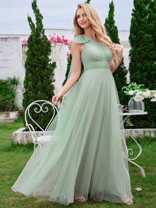 Color=Mint Green | Elegant Asymmetric Shoulder Streamer Pleated decoration Tulle Dresses with Bowknot-Mint Green 9