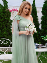 Load image into Gallery viewer, Color=Mint Green | Elegant Asymmetric Shoulder Streamer Pleated decoration Tulle Dresses with Bowknot-Mint Green 10