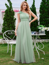 Load image into Gallery viewer, Color=Mint Green | Elegant Asymmetric Shoulder Streamer Pleated decoration Tulle Dresses with Bowknot-Mint Green 6