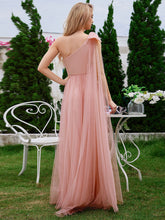 Load image into Gallery viewer, Color=Pink | Elegant Asymmetric Shoulder Streamer Pleated decoration Tulle Dresses with Bowknot-Pink 12