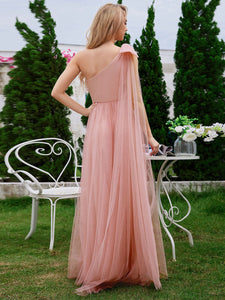 Color=Pink | Elegant Asymmetric Shoulder Streamer Pleated decoration Tulle Dresses with Bowknot-Pink 12