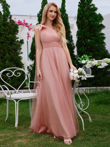 Color=Pink | Elegant Asymmetric Shoulder Streamer Pleated decoration Tulle Dresses with Bowknot-Pink 13