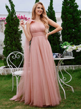 Load image into Gallery viewer, Color=Pink | Elegant Asymmetric Shoulder Streamer Pleated decoration Tulle Dresses with Bowknot-Pink 14