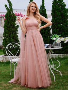 Color=Pink | Elegant Asymmetric Shoulder Streamer Pleated decoration Tulle Dresses with Bowknot-Pink 14