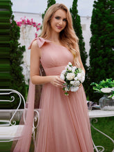 Load image into Gallery viewer, Color=Pink | Elegant Asymmetric Shoulder Streamer Pleated decoration Tulle Dresses with Bowknot-Pink 15