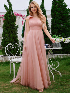 Color=Pink | Elegant Asymmetric Shoulder Streamer Pleated decoration Tulle Dresses with Bowknot-Pink 11