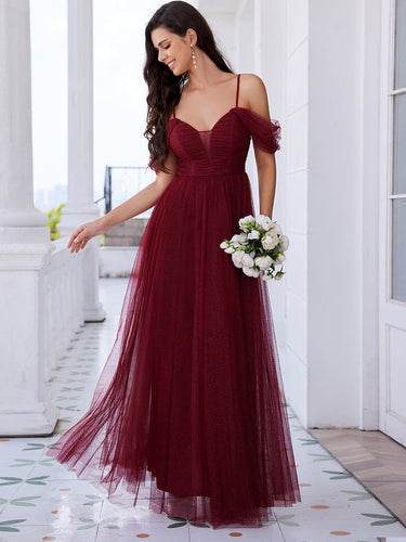 Color=Burgundy | Elegant Spaghetti Straps Sweetheart Neckline Pleated Tulle Bridesmaid Dresses with Padded Enough-Burgundy 1