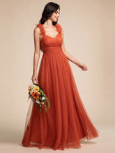 Load image into Gallery viewer, Color=Burnt Orange | Romantic Deep V Neck Flying sleeve Tulle Bridesmaid Dresses with Gold Stamping Pleated decoration  -Burnt Orange 3