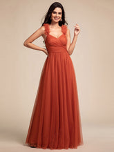 Load image into Gallery viewer, Color=Burnt Orange | Romantic Deep V Neck Flying sleeve Tulle Bridesmaid Dresses with Gold Stamping Pleated decoration  -Burnt Orange 1