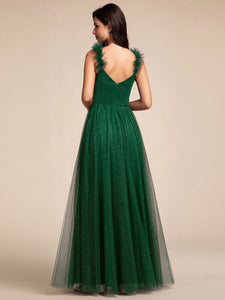 Color=Dark Green | Romantic Deep V Neck Flying sleeve Tulle Bridesmaid Dresses with Gold Stamping Pleated decoration  -Dark Green 7