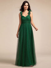 Load image into Gallery viewer, Color=Dark Green | Romantic Deep V Neck Flying sleeve Tulle Bridesmaid Dresses with Gold Stamping Pleated decoration  -Dark Green 9