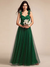 Load image into Gallery viewer, Color=Dark Green | Romantic Deep V Neck Flying sleeve Tulle Bridesmaid Dresses with Gold Stamping Pleated decoration  -Dark Green 6