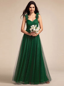 Color=Dark Green | Romantic Deep V Neck Flying sleeve Tulle Bridesmaid Dresses with Gold Stamping Pleated decoration  -Dark Green 6