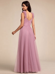 Color=Orchid | Romantic Deep V Neck Flying sleeve Tulle Bridesmaid Dresses with Gold Stamping Pleated decoration  -Orchid 12