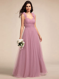 Color=Orchid | Romantic Deep V Neck Flying sleeve Tulle Bridesmaid Dresses with Gold Stamping Pleated decoration  -Orchid 11