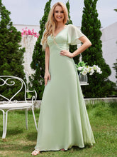 Load image into Gallery viewer, Chiffon Pleated Wholesale Bridesmaid Dress with Ruffle Short Sleeves_Mint Green