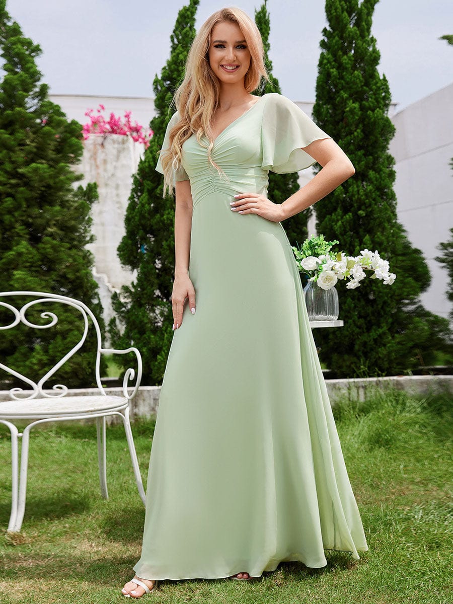 Chiffon Pleated Wholesale Bridesmaid Dress with Ruffle Short Sleeves_Mint Green