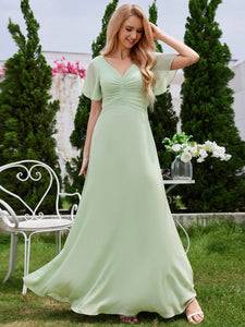 A-Line Ruffle Sleeves Chiffon Bridesmaid Dress with V-Neck Pleats #color_Mint Green