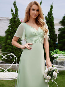 A-Line Ruffle Sleeves Chiffon Bridesmaid Dress with V-Neck Pleats #color_Mint Green