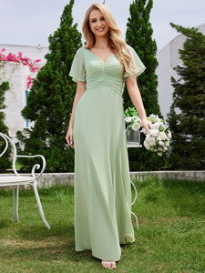 A-Line Ruffle Sleeves Chiffon Bridesmaid Dress with V-Neck Pleats #color_Mint Green