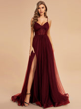 Load image into Gallery viewer, Color=Burgundy | See Through Spaghetti Strap High Split Tulle Wholesale Evening Dress-Burgundy 1