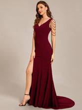 Load image into Gallery viewer, Color=Burgundy | Maxi Long V Neck Sleeveless Beaded V Neck Wholesale Evening Dress-Burgundy 1