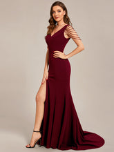 Load image into Gallery viewer, Color=Burgundy | Maxi Long V Neck Sleeveless Beaded V Neck Wholesale Evening Dress-Burgundy 3