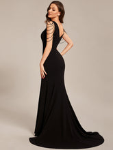 Load image into Gallery viewer, Color=Black | Maxi Long V Neck Sleeveless Beaded V Neck Wholesale Evening Dress-Black 9