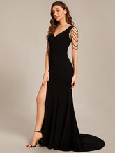 Load image into Gallery viewer, Color=Black | Maxi Long V Neck Sleeveless Beaded V Neck Wholesale Evening Dress-Black 10