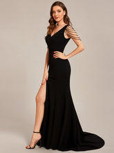 Load image into Gallery viewer, Color=Black | Maxi Long V Neck Sleeveless Beaded V Neck Wholesale Evening Dress-Black 