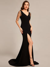 Load image into Gallery viewer, Color=Black | Maxi Long V Neck Sleeveless Beaded V Neck Wholesale Evening Dress-Black 8