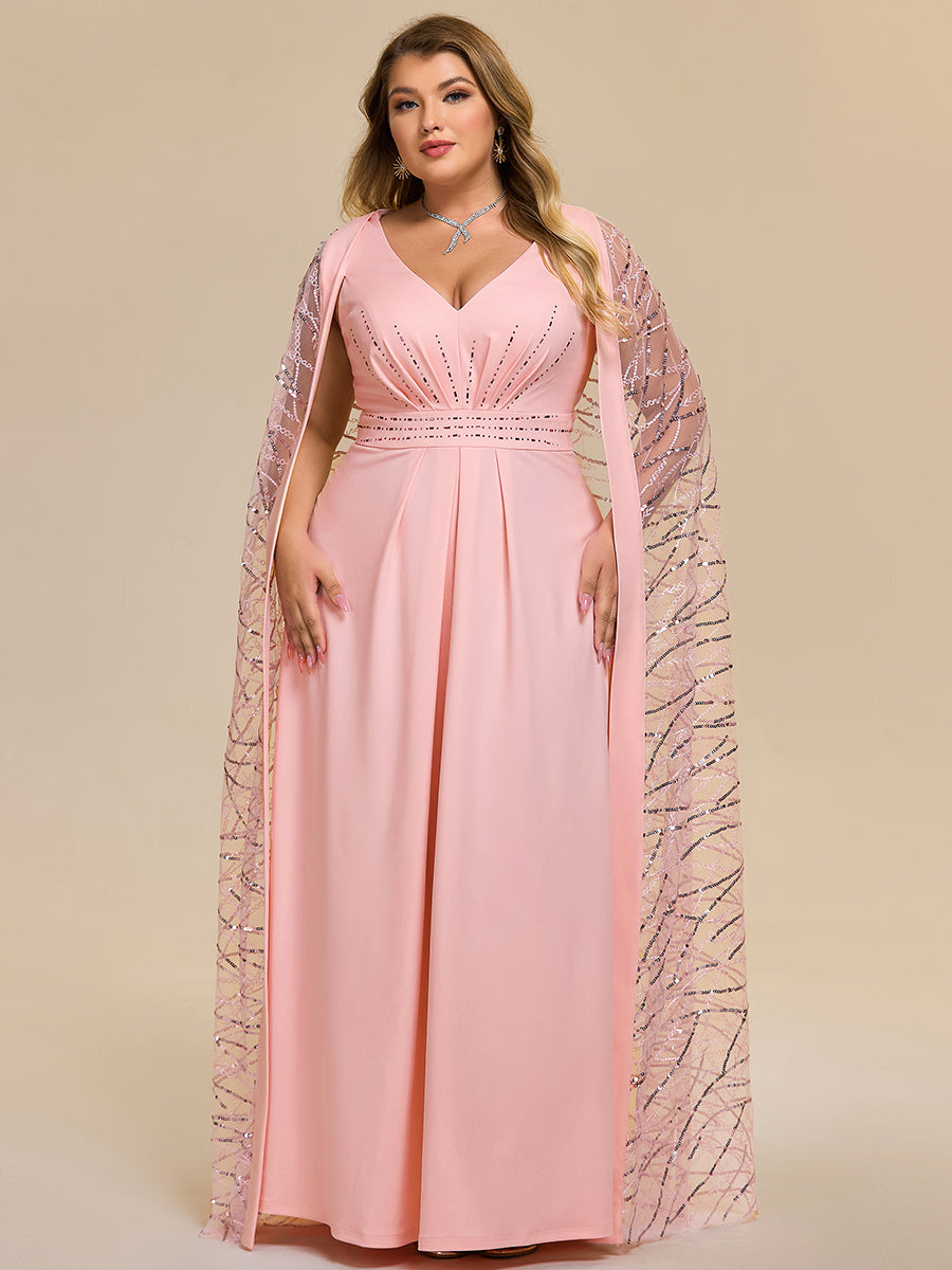 Color=Pink | One Stop Shop Plus Size Sleeveless Deep V-Neck Rhinestone A-Line Floor Length Evening Dresses-Pink 1