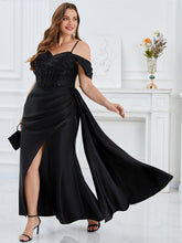 Load image into Gallery viewer, Color=Black | B2B-Exclusive Plus Size Short Sleeves Sweetheart Neck Fishtail Floor Length Evening Dresses-Black 4