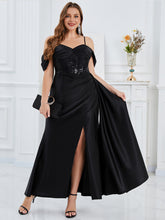 Load image into Gallery viewer, Color=Black | B2B-Exclusive Plus Size Short Sleeves Sweetheart Neck Fishtail Floor Length Evening Dresses-Black 5