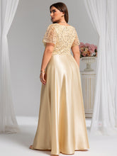 Load image into Gallery viewer, Color=champagne | Factory Design Short Sleeve Ruffle Sheer Appliques V Neck Bridesmaid Dress-champagne 2